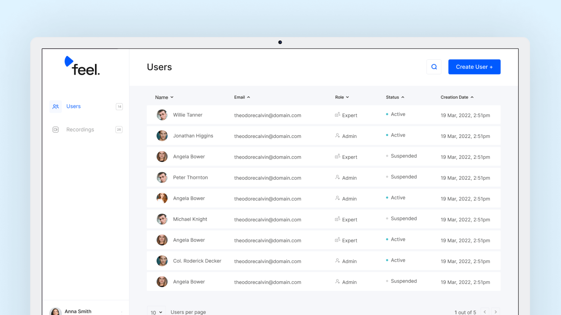 Feel admin platform UI