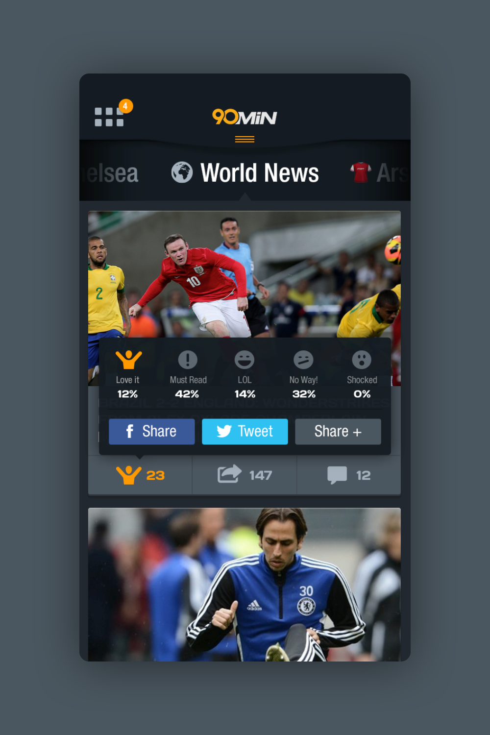 90min football mobile app feed